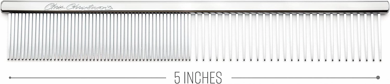 Chris Christensen 5in Face and Feet Fine/Coarse Butter Comb, Groom Like a Professional, Rounded Corners Prevent Friction and Breakage, Solid Brass Spin with Steel Teeth, Chrome Finish