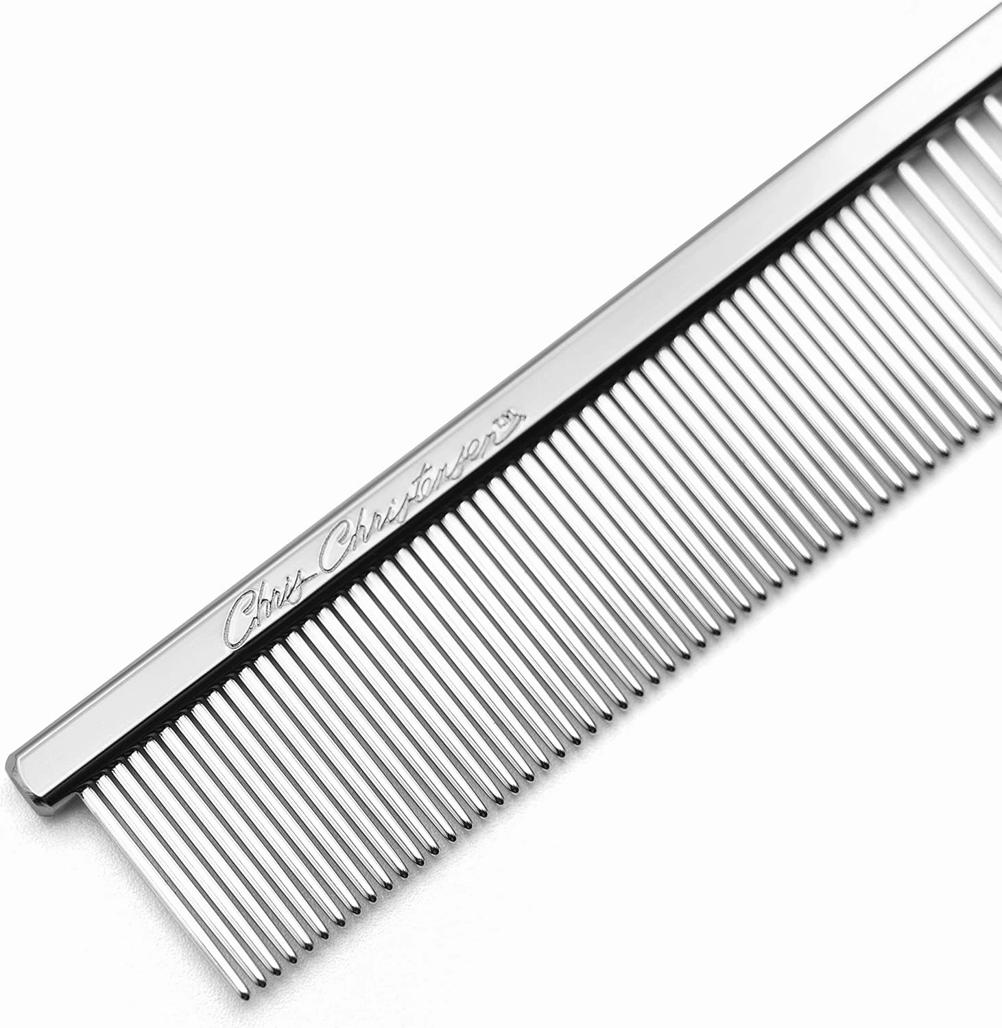 Chris Christensen 5in Face and Feet Fine/Coarse Butter Comb, Groom Like a Professional, Rounded Corners Prevent Friction and Breakage, Solid Brass Spin with Steel Teeth, Chrome Finish