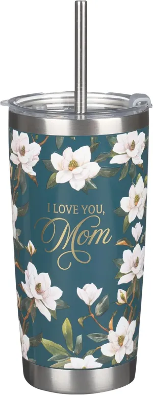Christian Art Gifts Large Stainless Steel Double Wall Vacuum Insulated Travel Tumbler for Mothers: Love You, Mom, Inspiring Scripture, Hot/Cold, Flip Top Lid, Resusable Straw, Dark Teal Floral, 18 oz.