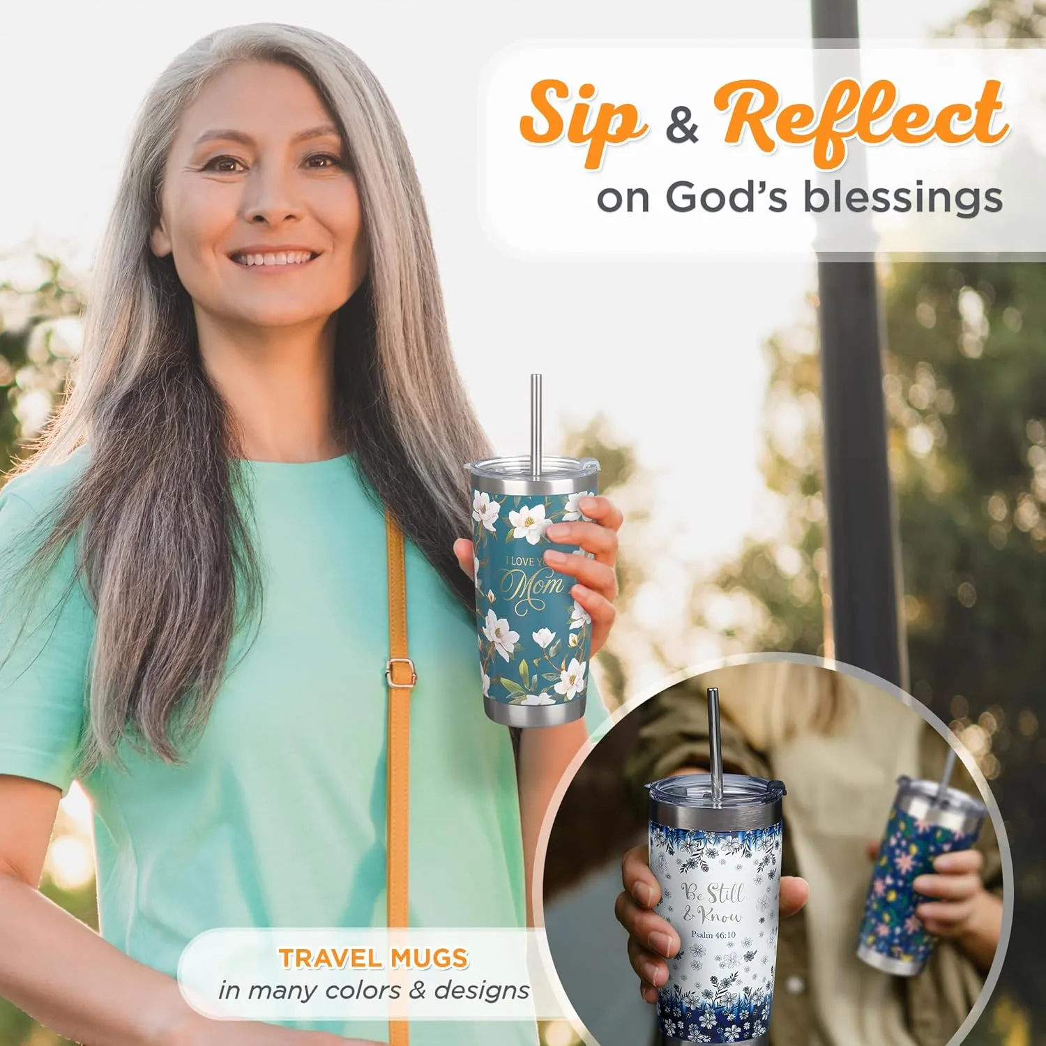 Christian Art Gifts Large Stainless Steel Double Wall Vacuum Insulated Travel Tumbler for Mothers: Love You, Mom, Inspiring Scripture, Hot/Cold, Flip Top Lid, Resusable Straw, Dark Teal Floral, 18 oz.
