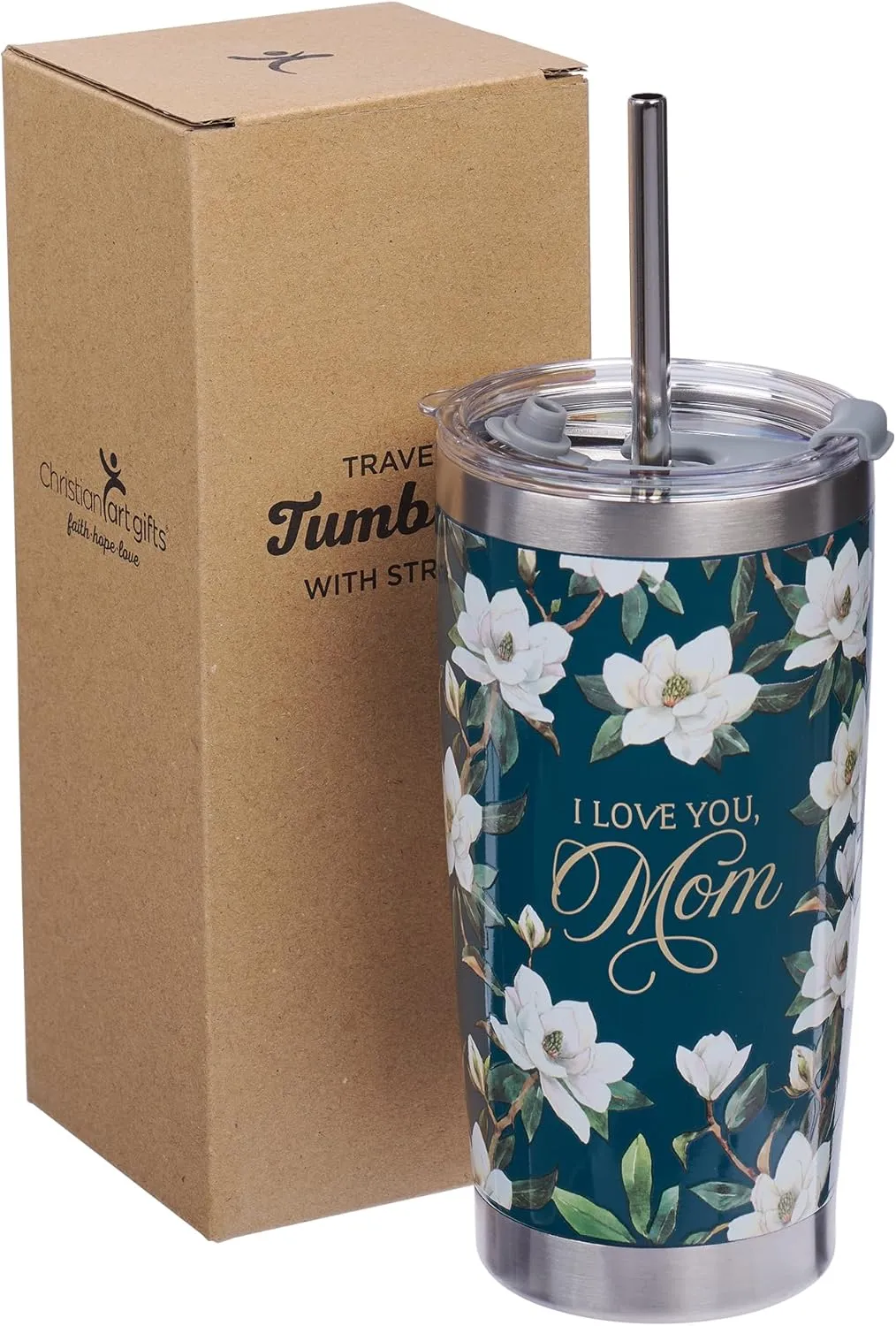 Christian Art Gifts Large Stainless Steel Double Wall Vacuum Insulated Travel Tumbler for Mothers: Love You, Mom, Inspiring Scripture, Hot/Cold, Flip Top Lid, Resusable Straw, Dark Teal Floral, 18 oz.