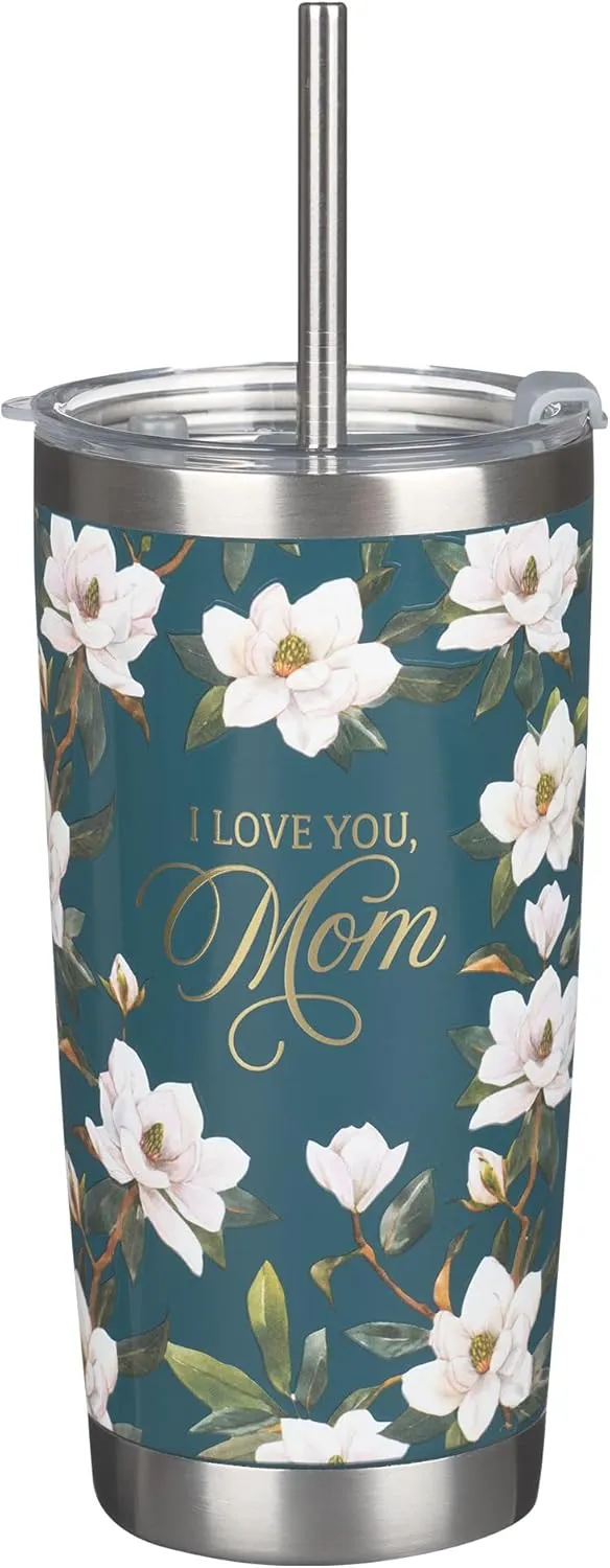 Christian Art Gifts Large Stainless Steel Double Wall Vacuum Insulated Travel Tumbler for Mothers: Love You, Mom, Inspiring Scripture, Hot/Cold, Flip Top Lid, Resusable Straw, Dark Teal Floral, 18 oz.