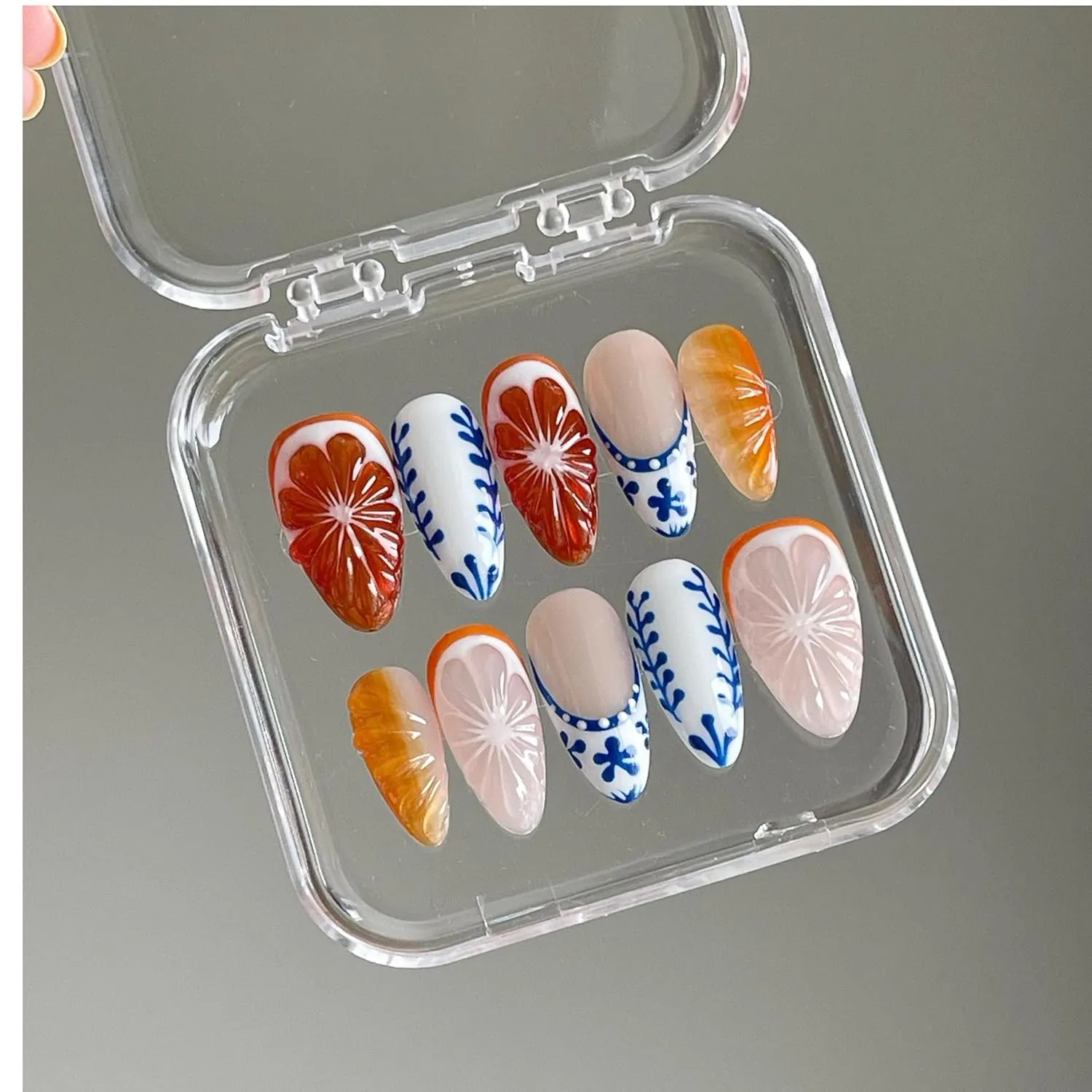 Citrus Blossom Press-On Nails Set - Vibrant Orange & Pink Floral Design with Blue Accent Patterns, Long-Lasting & Easy Application