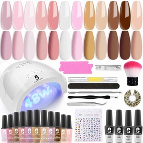 Clara Colors Gel Nail Polish Set with UV Light - 12 Colors Nude Pink Gel Polish Set with Base Glossy Matte Top Coat All In One Gel Starter Kit for Nail Art Long Lasting Autumn Winter Nail Salon