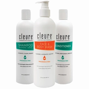 Cleure Fragrance Free Body Wash, Shampoo and Conditioner Set - 3 Piece Bundle - Hair Shampoo, Hydrating Conditioner & Shower Gel for Men & Women - 3 Pack, 12 fl oz ea