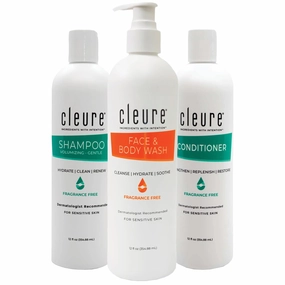 Cleure Fragrance Free Body Wash, Shampoo and Conditioner Set - 3 Piece Bundle - Hair Shampoo, Hydrating Conditioner & Shower Gel for Men & Women - 3 Pack, 12 fl oz ea