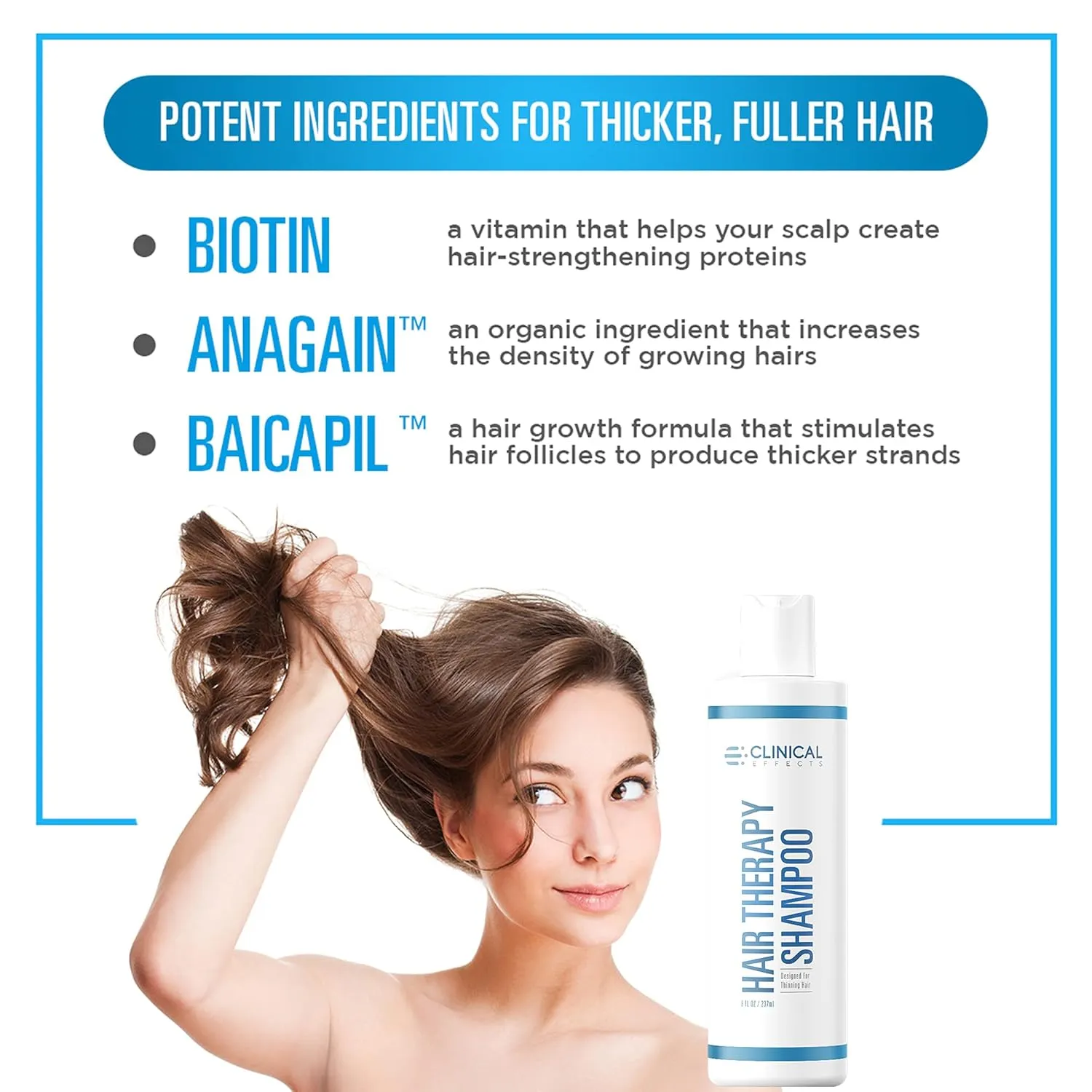 Clinical Effects Hair Therapy Shampoo – Biotin Shampoo with Anagain and Baicapil - Supports Hair Growth for Women and Men - Made in the USA - 8 Fl Oz