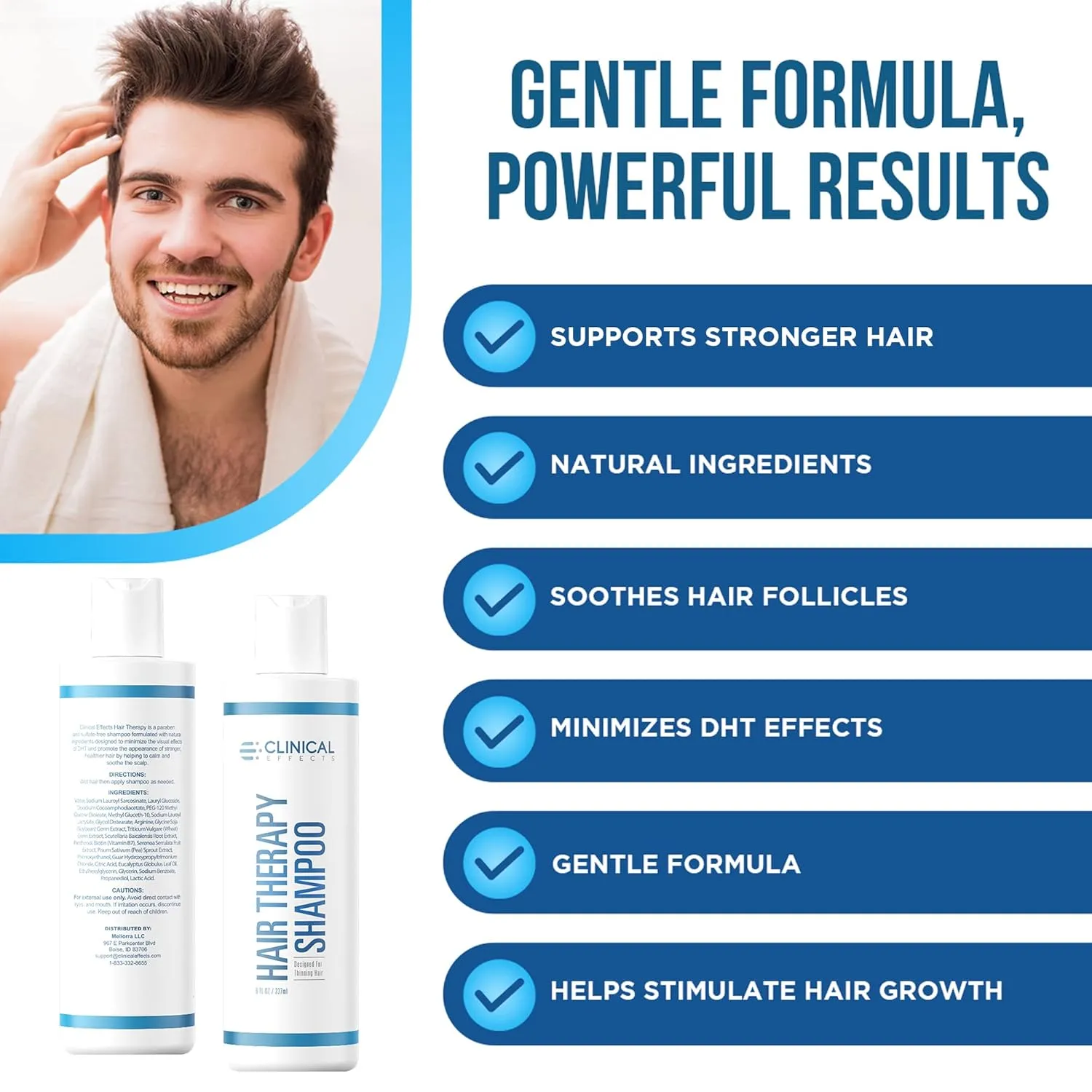 Clinical Effects Hair Therapy Shampoo – Biotin Shampoo with Anagain and Baicapil - Supports Hair Growth for Women and Men - Made in the USA - 8 Fl Oz
