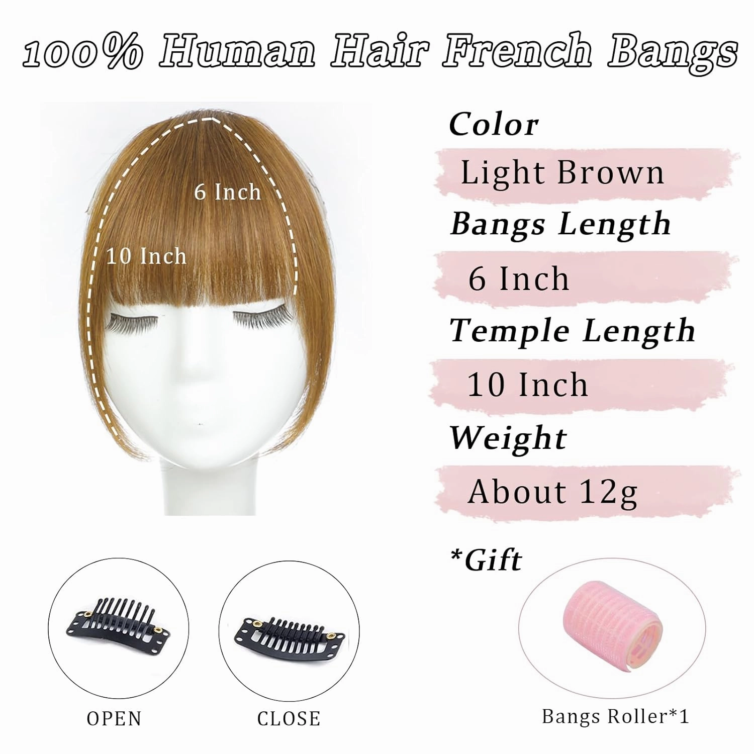 Clip in Bangs 100% Real Human Hair Light Brown French Bangs Fringe with Temples Thick Curtain Bangs Clip on Bangs Curved Fake Bangs Hairpieces for Women for Daily Wear