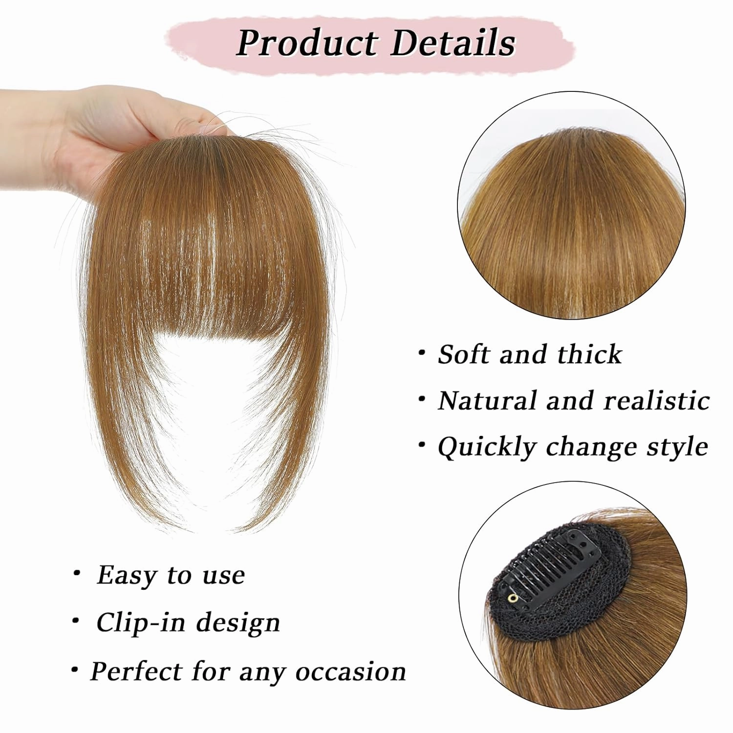 Clip in Bangs 100% Real Human Hair Light Brown French Bangs Fringe with Temples Thick Curtain Bangs Clip on Bangs Curved Fake Bangs Hairpieces for Women for Daily Wear