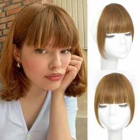 Clip in Bangs 100% Real Human Hair Light Brown French Bangs Fringe with Temples Thick Curtain Bangs Clip on Bangs Curved Fake Bangs Hairpieces for Women for Daily Wear