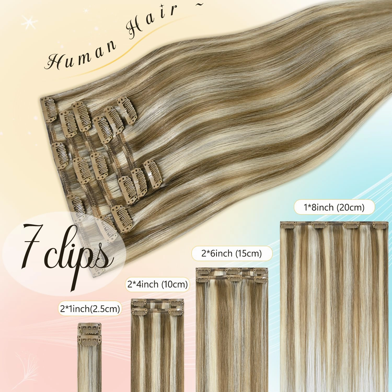 Clip in Hair Extensions Golden Blonde Highlights Hair Extensions 20 inch 75g Straight Natural Smooth Human Hair Remy Human Hair Extension Clip ins for Women