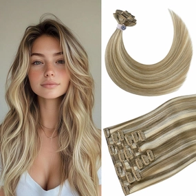 Clip in Hair Extensions Golden Blonde Highlights Hair Extensions 20 inch 75g Straight Natural Smooth Human Hair Remy Human Hair Extension Clip ins for Women
