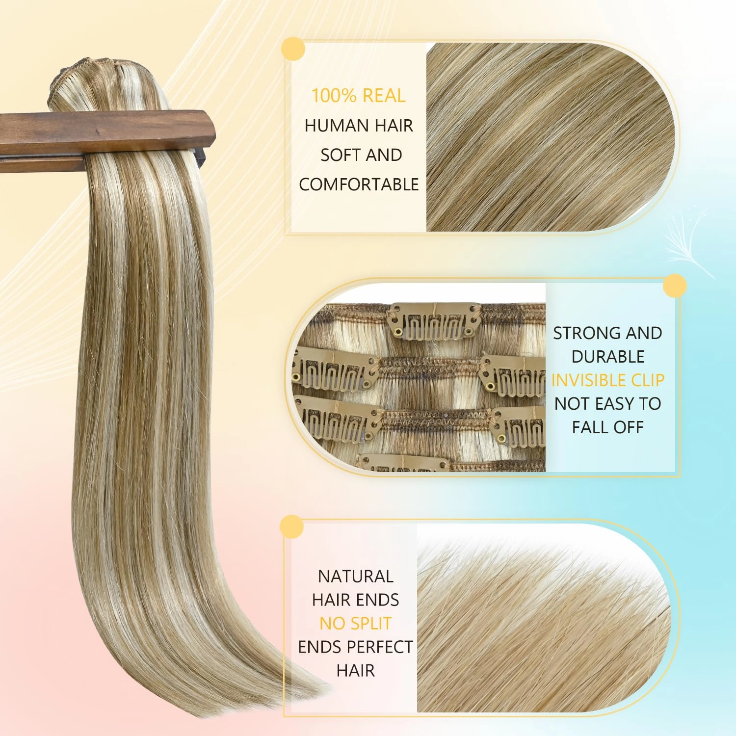 Clip in Hair Extensions Golden Blonde Highlights Hair Extensions 20 inch 75g Straight Natural Smooth Human Hair Remy Human Hair Extension Clip ins for Women