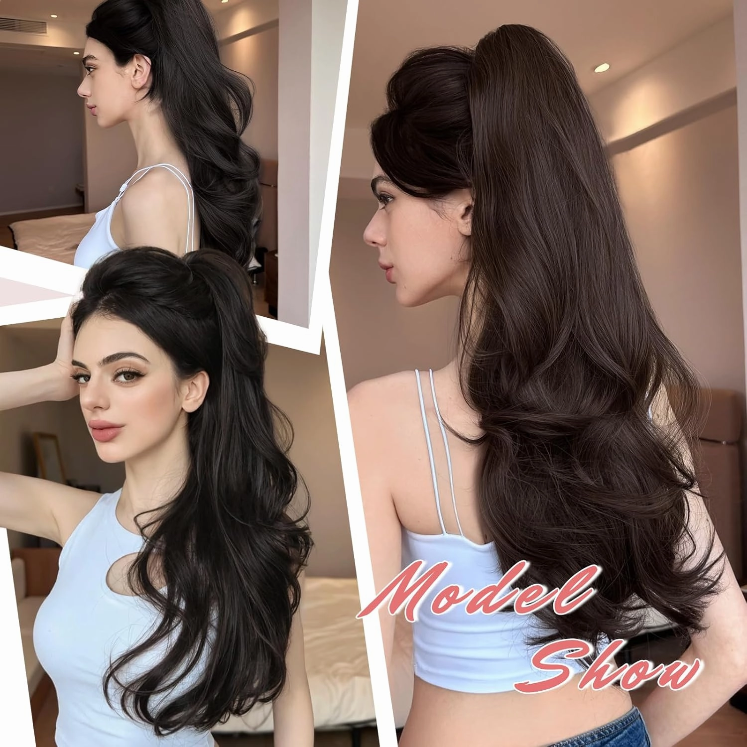 Clip On Ponytail Extension for Women 24'' Fluffy Layered Wavy Fake Ponytail with Claw Clip Hairpiece Heat Resistant Synthetic Hair Extensions Wedding Party Daily Use(Natural Black, 7.5OZ)