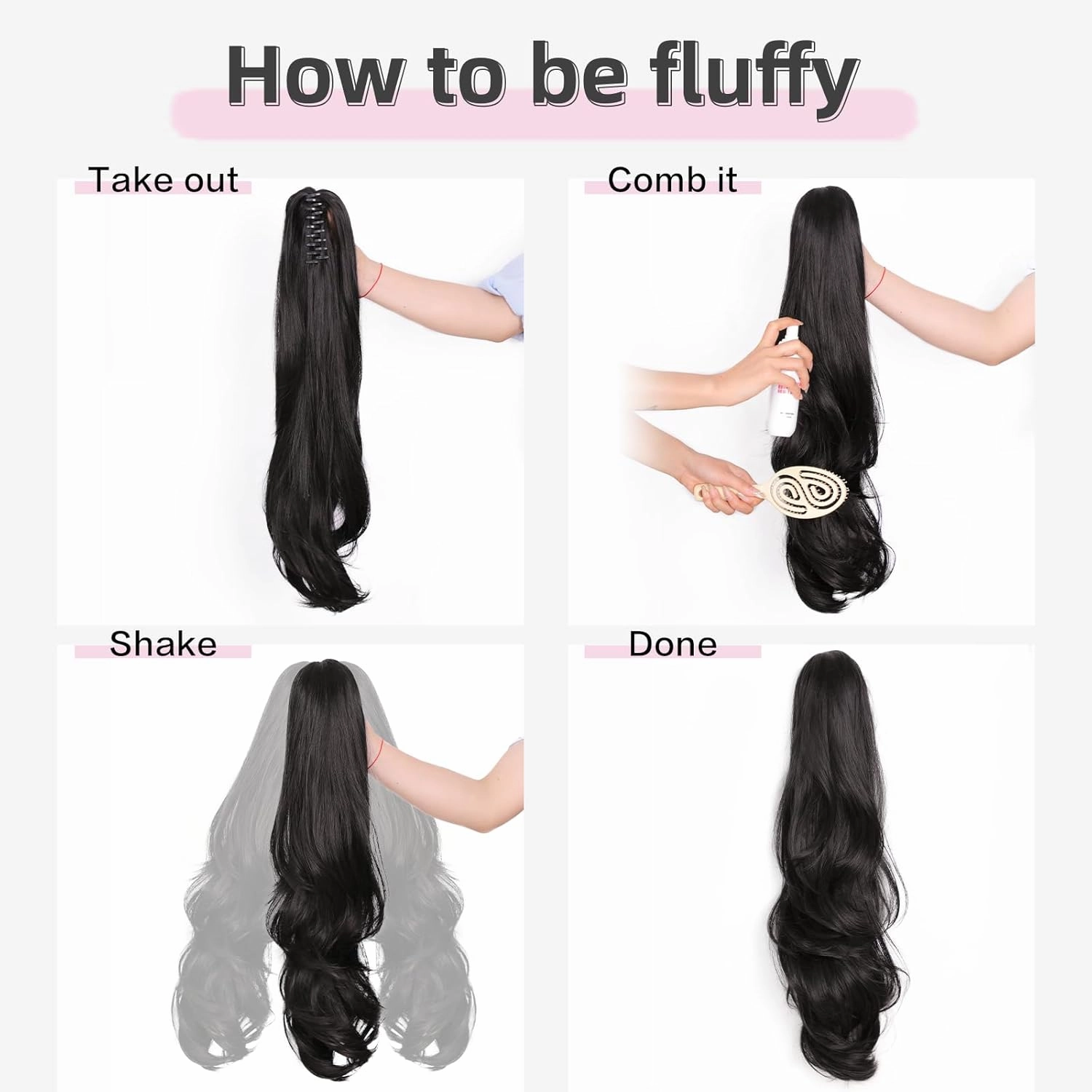 Clip On Ponytail Extension for Women 24'' Fluffy Layered Wavy Fake Ponytail with Claw Clip Hairpiece Heat Resistant Synthetic Hair Extensions Wedding Party Daily Use(Natural Black, 7.5OZ)
