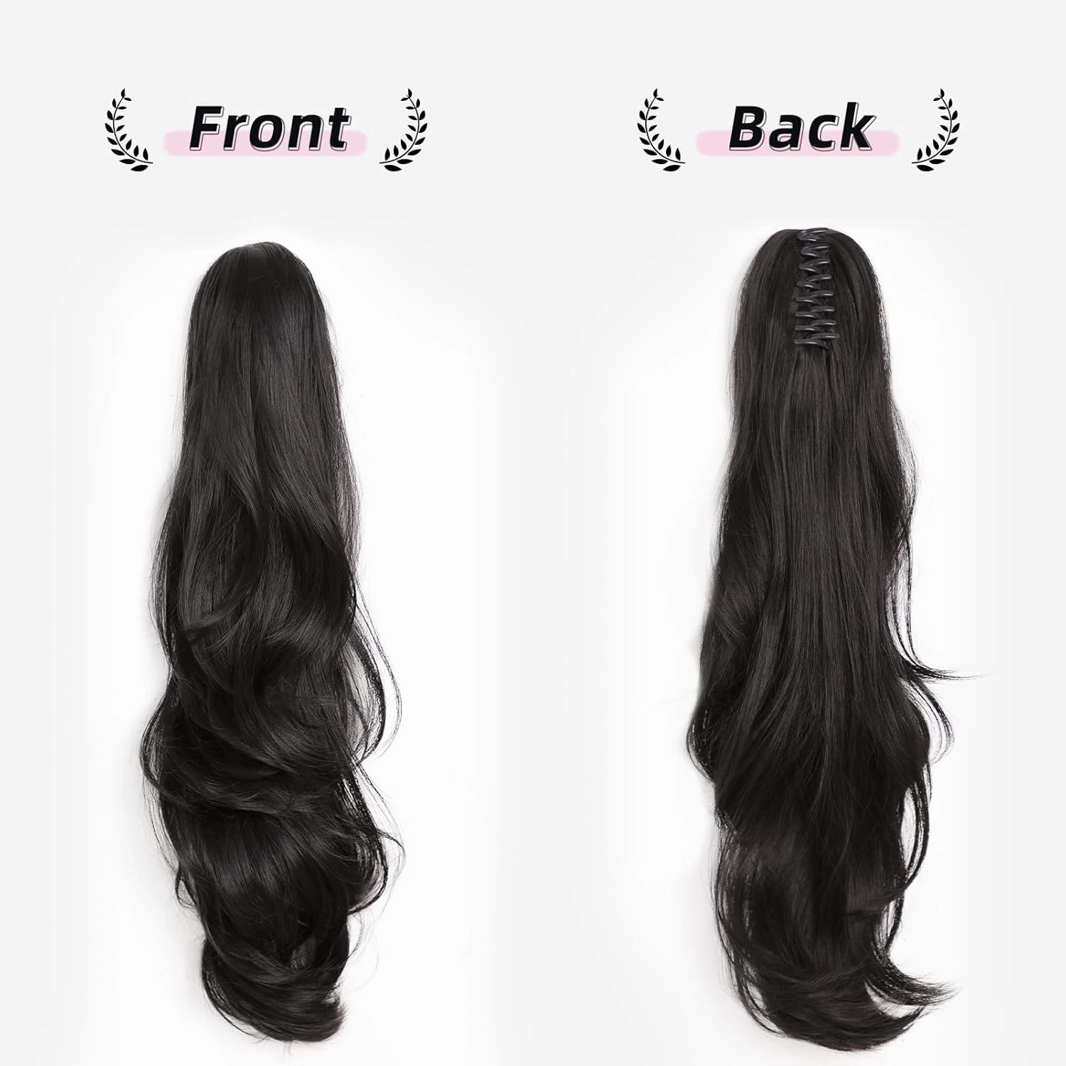 Clip On Ponytail Extension for Women 24'' Fluffy Layered Wavy Fake Ponytail with Claw Clip Hairpiece Heat Resistant Synthetic Hair Extensions Wedding Party Daily Use(Natural Black, 7.5OZ)