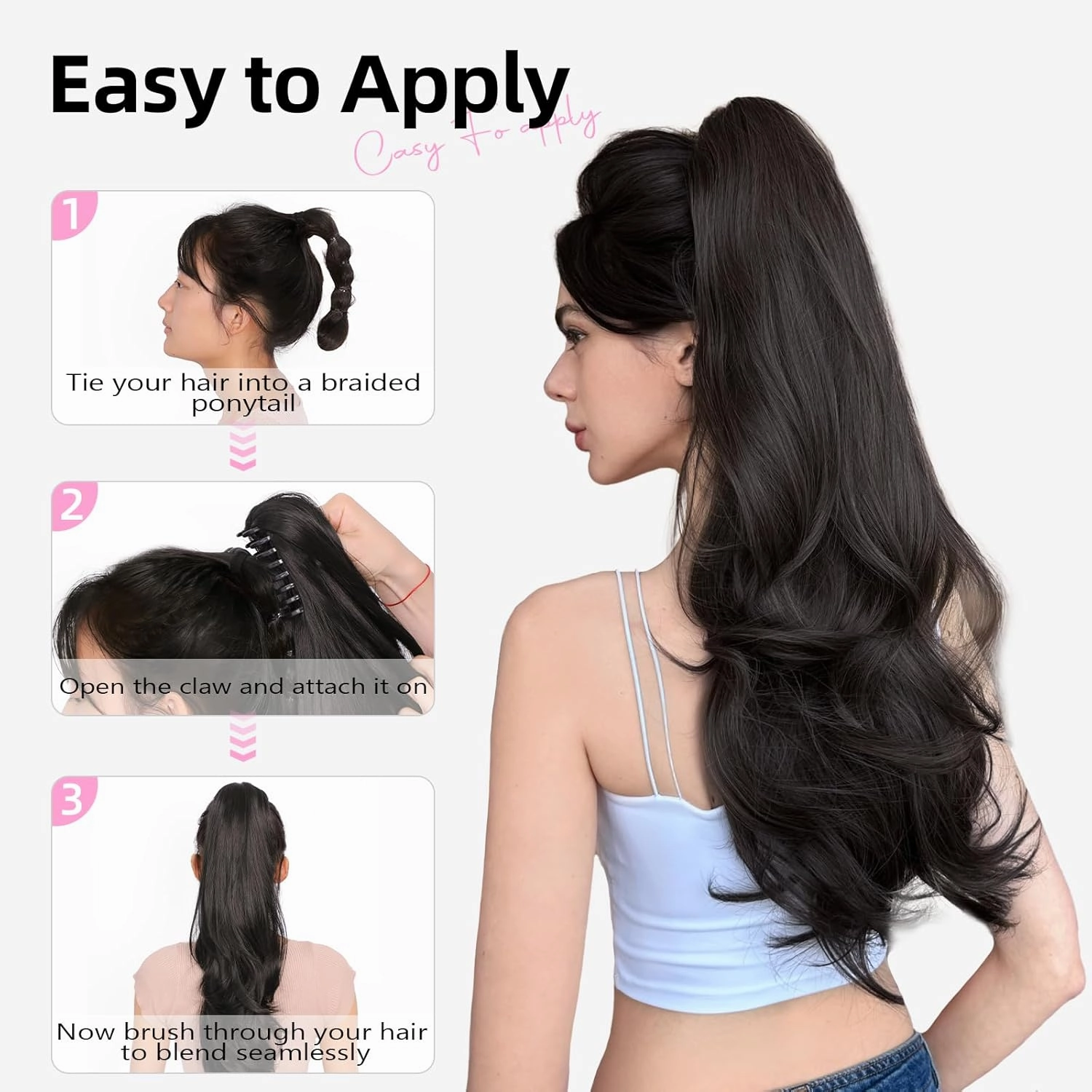 Clip On Ponytail Extension for Women 24'' Fluffy Layered Wavy Fake Ponytail with Claw Clip Hairpiece Heat Resistant Synthetic Hair Extensions Wedding Party Daily Use(Natural Black, 7.5OZ)