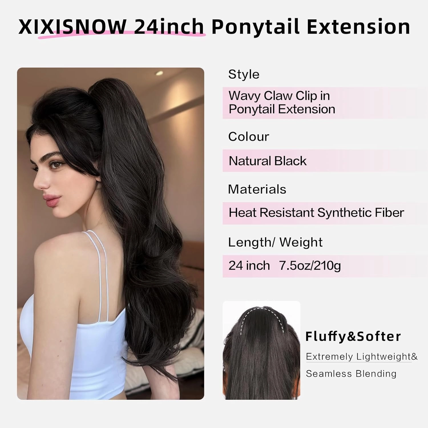 Clip On Ponytail Extension for Women 24'' Fluffy Layered Wavy Fake Ponytail with Claw Clip Hairpiece Heat Resistant Synthetic Hair Extensions Wedding Party Daily Use(Natural Black, 7.5OZ)