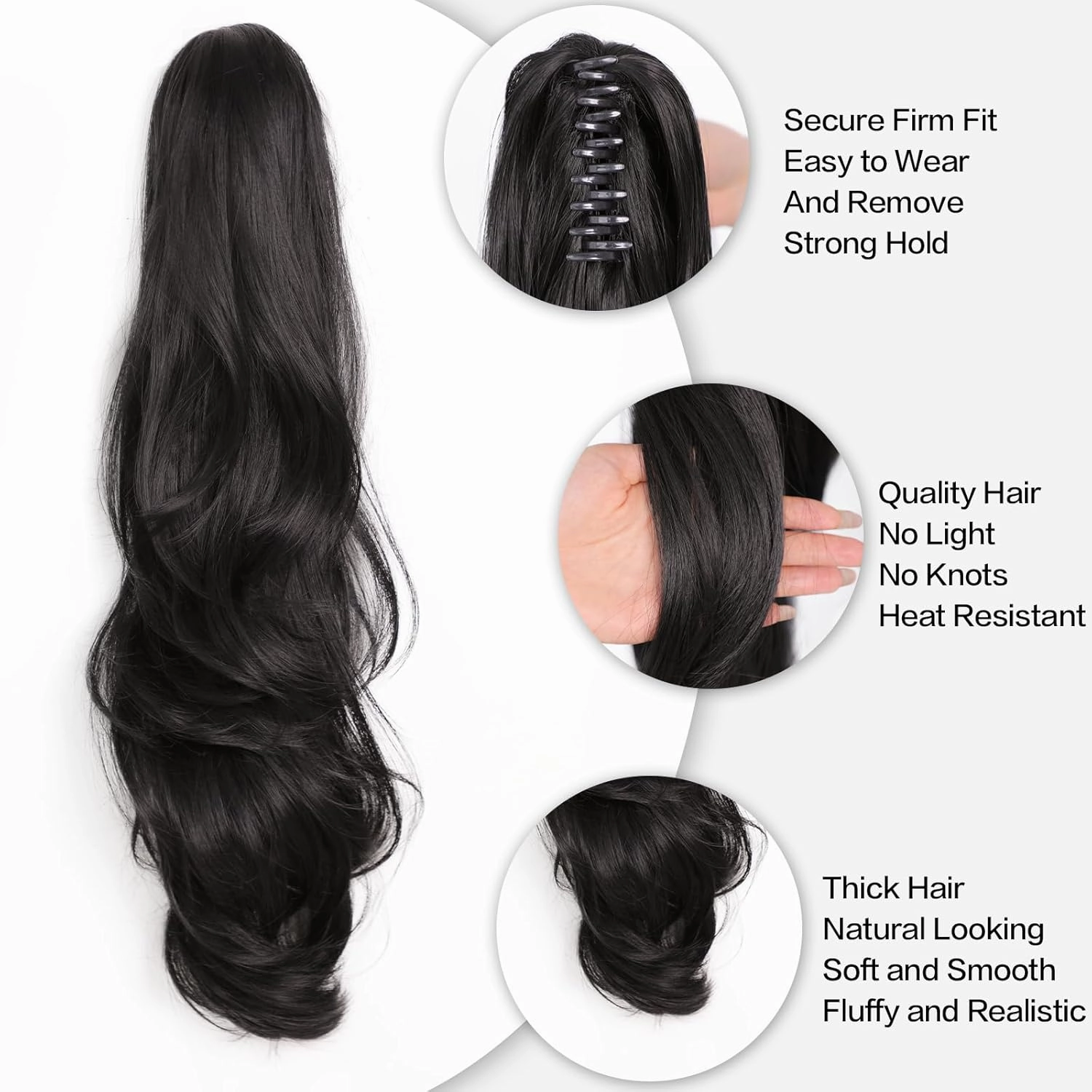 Clip On Ponytail Extension for Women 24'' Fluffy Layered Wavy Fake Ponytail with Claw Clip Hairpiece Heat Resistant Synthetic Hair Extensions Wedding Party Daily Use(Natural Black, 7.5OZ)