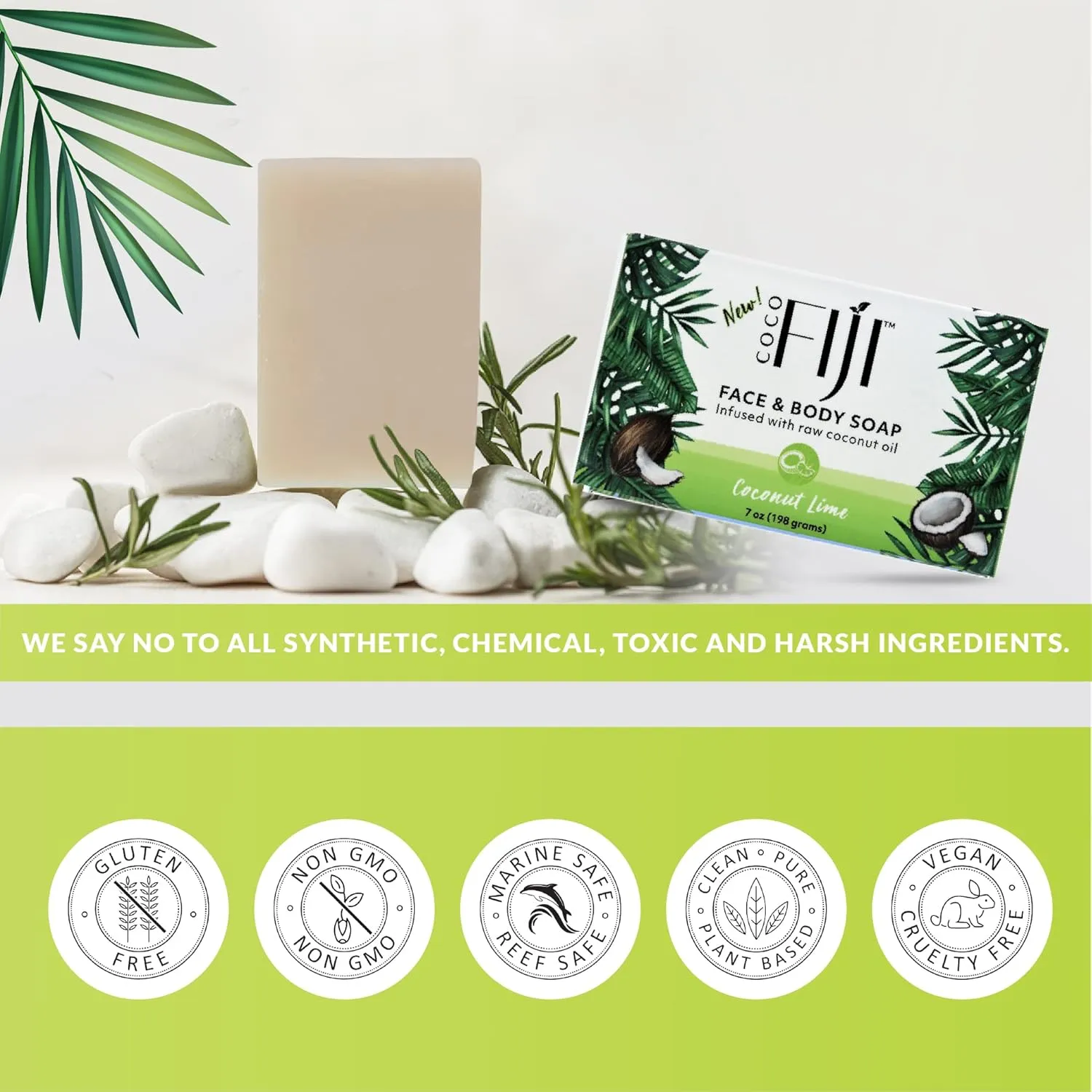 Coco Fiji Soap Bar for Face and Body Infused With Organic Coconut Oil, Coconut Lime, Essential Oil, Natural Soap for Moisturizing & Pore Purifying Skin, 7 oz,Pack of 2