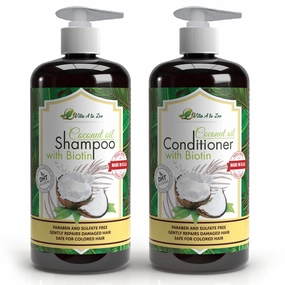 Coconut Oil Shampoo & Conditioner with Biotin, Aloe Vera (2 x 16.9 Fl Oz) – Hair Regrowth Shampoo Conditioner for Dry, Frizzy & Coarse Hair - Hydrating & Flyaway Taming Hair & Scalp Care