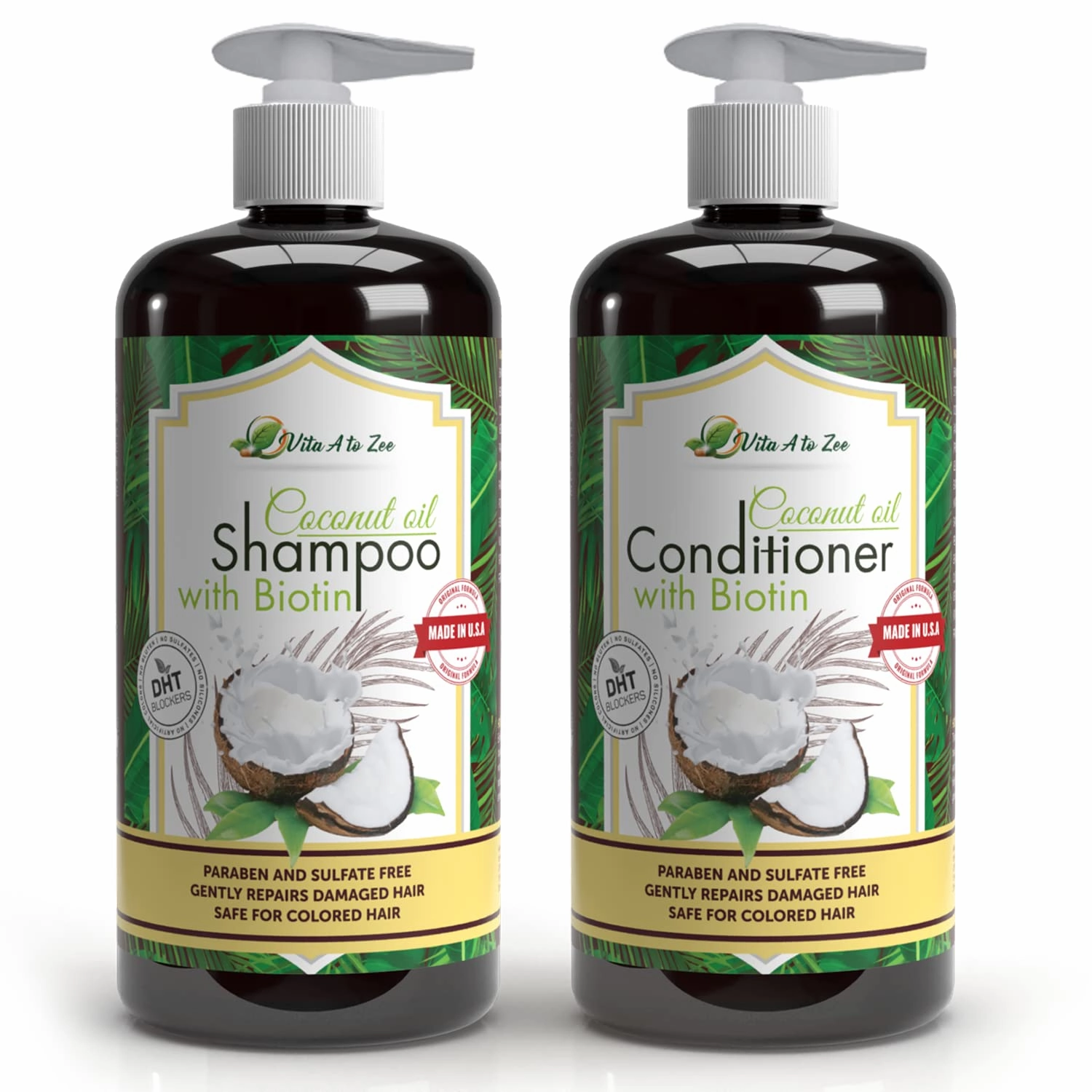 Coconut Oil Shampoo & Conditioner with Biotin, Aloe Vera (2 x 16.9 Fl Oz) – Hair Regrowth Shampoo Conditioner for Dry, Frizzy & Coarse Hair - Hydrating & Flyaway Taming Hair & Scalp Care