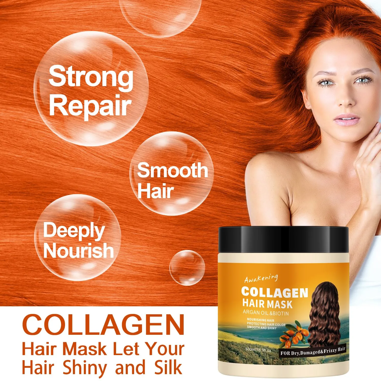 Collagen Hair Mask & Treatment – Deep Conditioner for Dry, Damaged, Frizzy, or Curly Hair – Repairing & Hydrating Care with Biotin, Argan Oil & Collagen – Paraben-Free, 16.9 Fl Oz