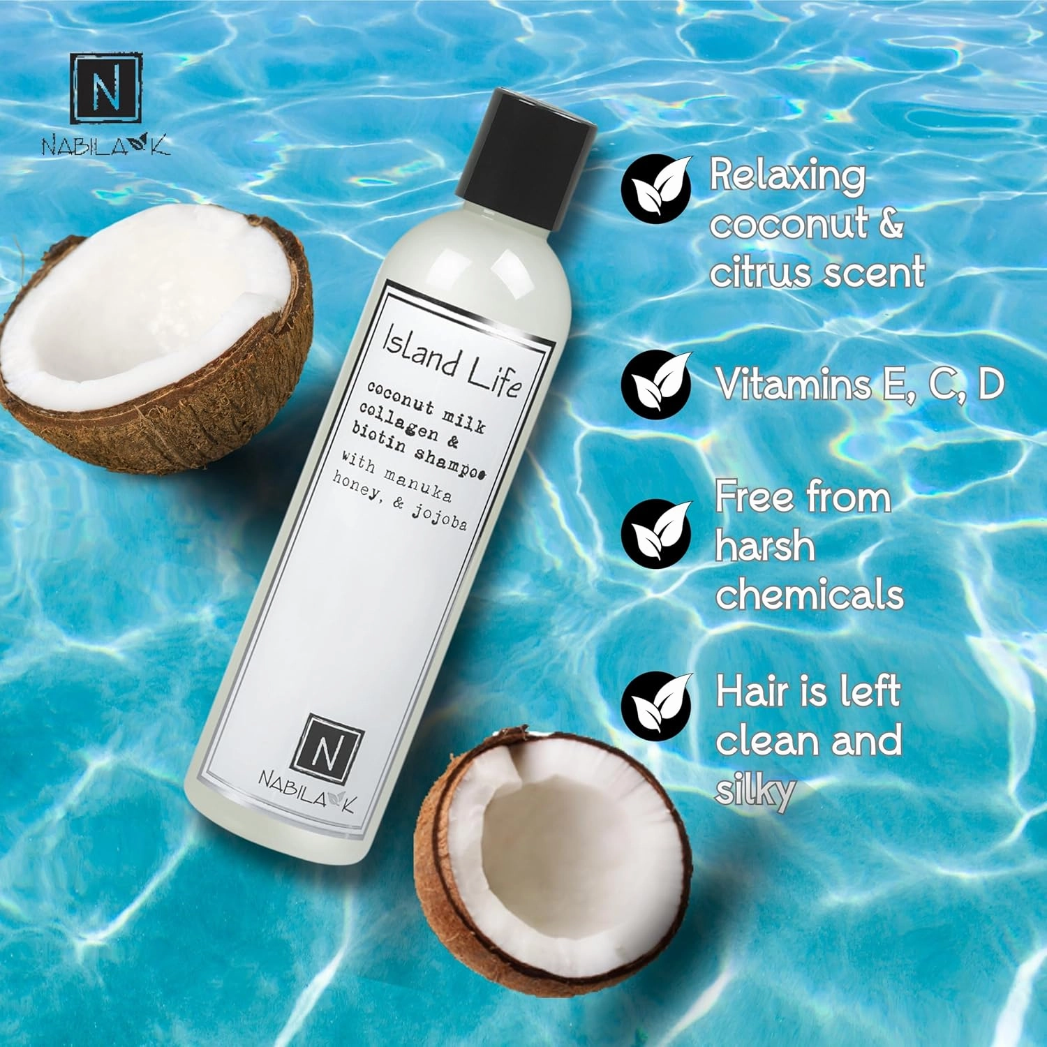 Collagen & Biotin Shampoo, 9 oz – Island Life – Coconut Milk, Manuka Honey & Jojoba – Cleansing, Hydrating, Color-Safe – Sulfate-Free