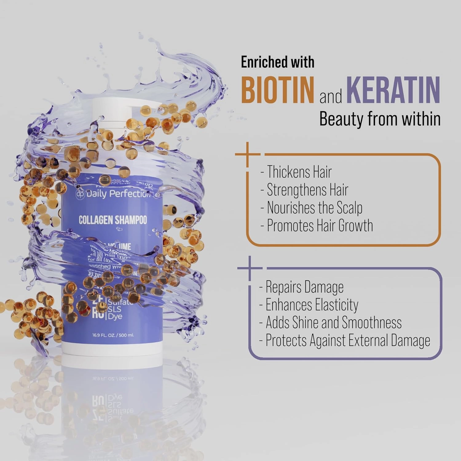 Collagen Shampoo to Hydrate and Volumize Your Hair with Biotin and Keratin. Salon-Grade Formula, Salt-Free, Sulfate-Free, and Paraben-Free for Fuller, Healthier Hair.