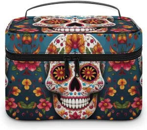 Colorful Sugar Skull Makeup Bag, Cosmetic Organizer Case Large Portable Capacity Make Up Bags Women Travel Toiletry Bags with Handle And Divider