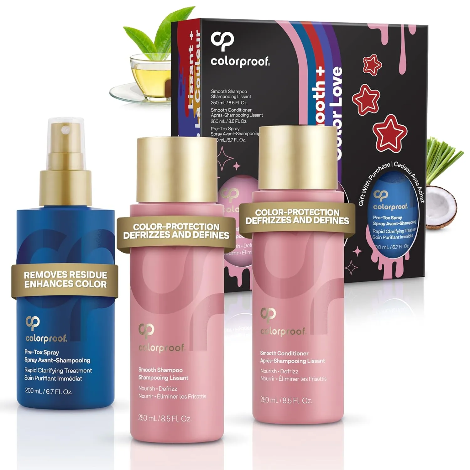 ColorProof Smooth Gift Set — Smooth Shampoo and Conditioner (8.5 Fl. Oz.) with Pre-Tox Spray (6.7 Fl. Oz.) — Color Safe Shampoo and Conditioner Set for Frizz-Prone, Color-Treated Hair