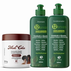 Complete Herb Boost Bundle – 500g Mel Cola Curl Definer, 500ml 12 Ervas Tonificante Shampoo & 500ml 12 Ervas Tonificante Conditioner – Vegan, Deep Hydration, Enhanced Shine & Scalp Vitality