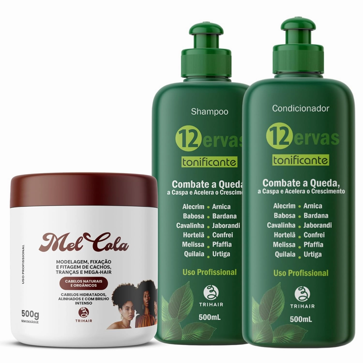 Complete Herb Boost Bundle – 500g Mel Cola Curl Definer, 500ml 12 Ervas Tonificante Shampoo & 500ml 12 Ervas Tonificante Conditioner – Vegan, Deep Hydration, Enhanced Shine & Scalp Vitality