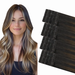 COOKAYU Invisi Edge Tape in Hair Extensions Real Human Hair Seamless Injected Tape Ins 20Inch 20pcs 45g Natural Black to Medium Brown and Caramel blonde Extensions