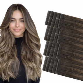 COOKAYU Invisible Tape in Hair Extensions, Balayage Dark Brown to Dirty Blonde 20Inch 20pcs 45g/pack Straight Real Human Hair Invisible Injected Tape in Extensions