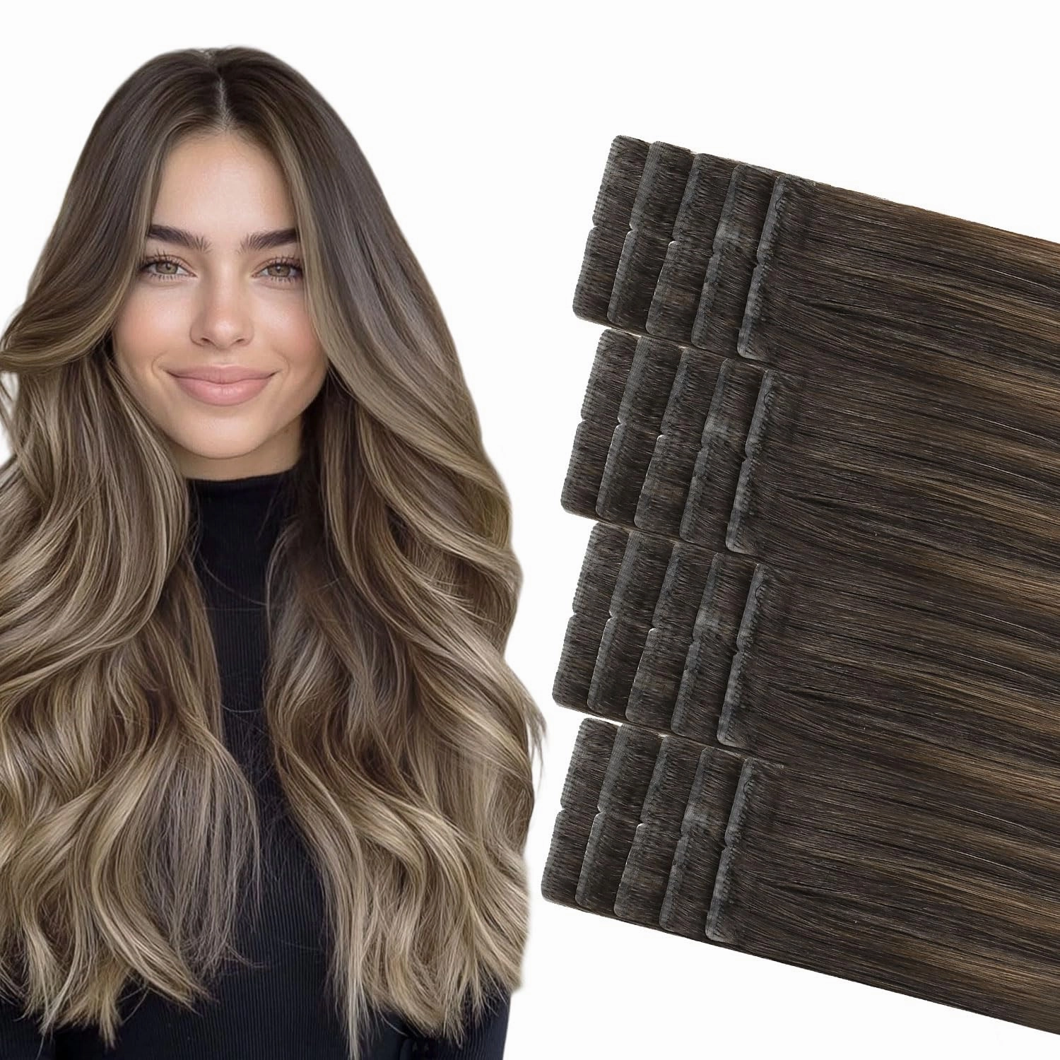 COOKAYU Invisible Tape in Hair Extensions, Balayage Dark Brown to Dirty Blonde 20Inch 20pcs 45g/pack Straight Real Human Hair Invisible Injected Tape in Extensions