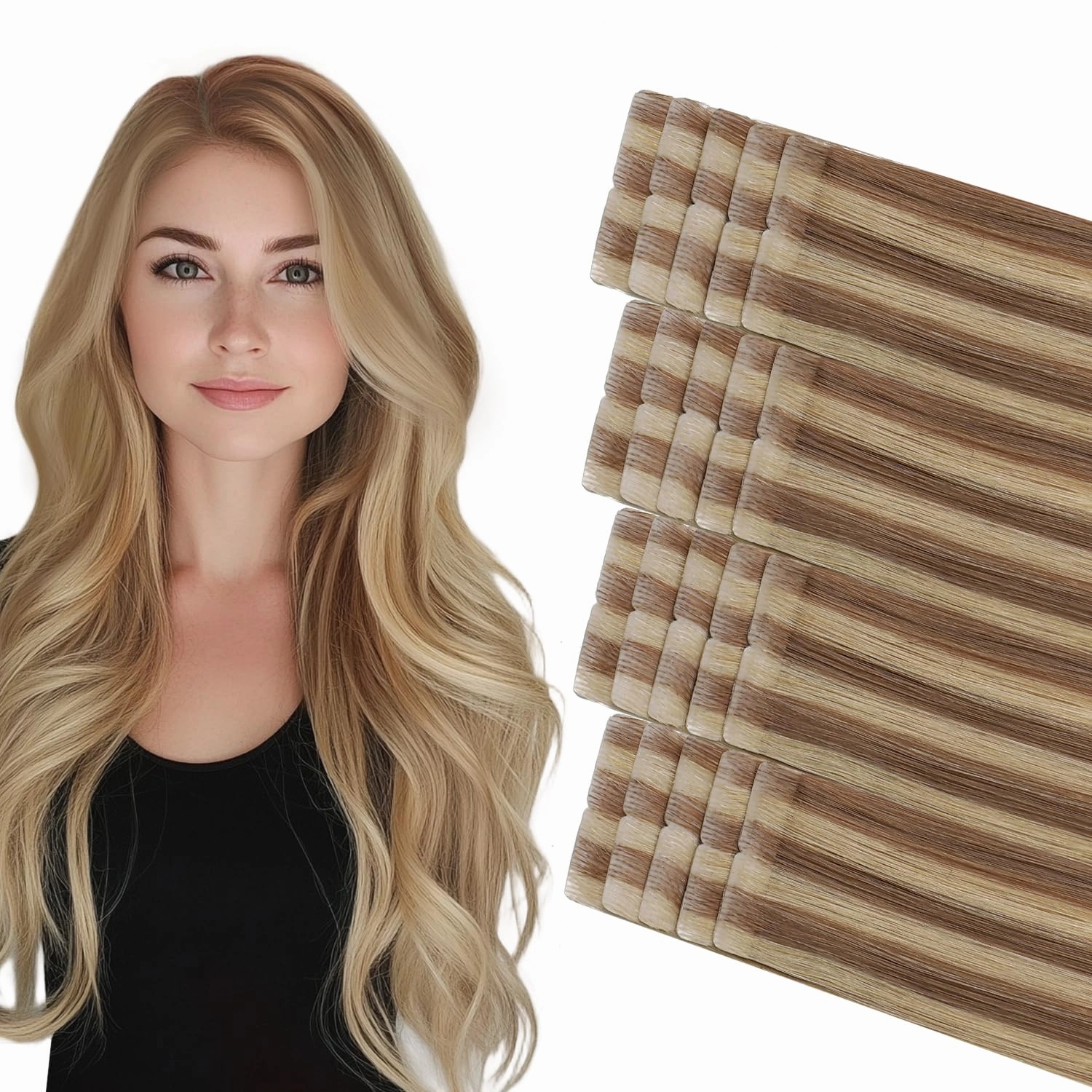 COOKAYU Invisible Tape in Hair, Gold Brown to Caramel Blonde 20pcs/pack 22Inch 50g Seamless Tape in Extensions Real Human Hair Injected Invisi Edge Extensions
