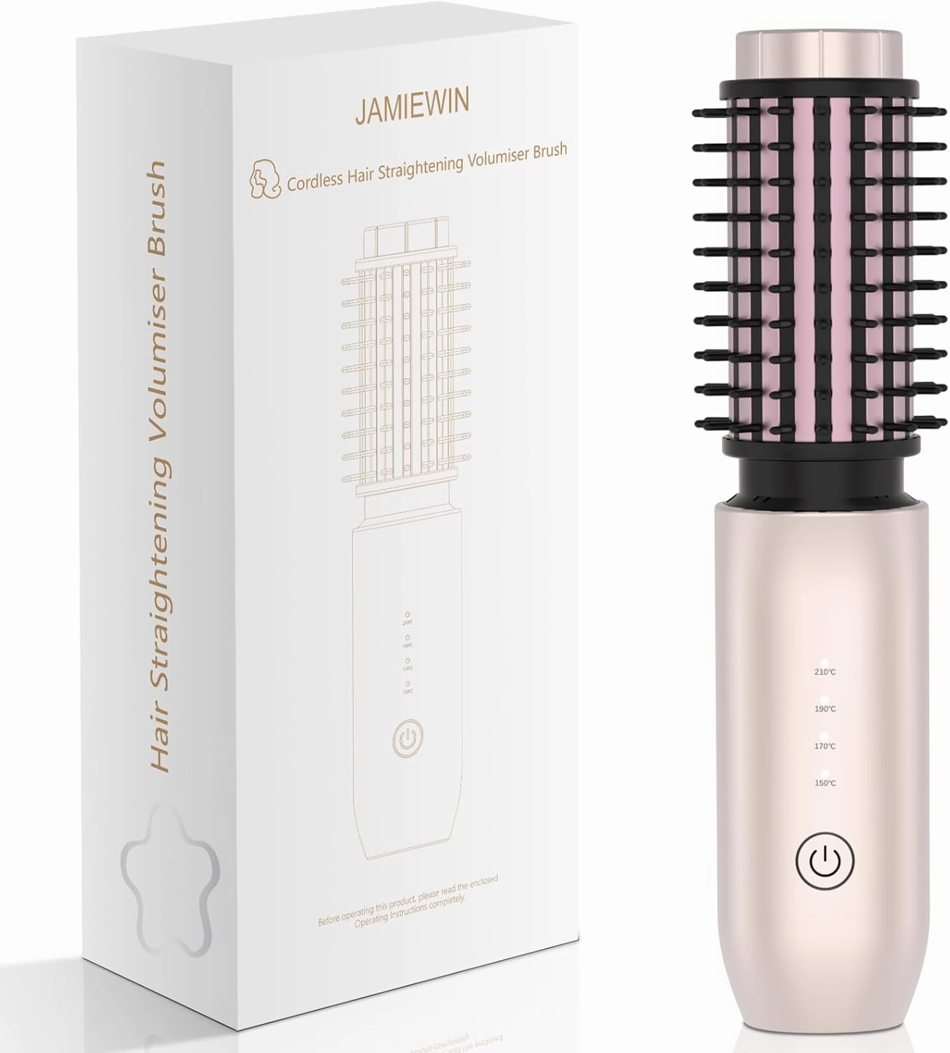 Cordless Hair Curling Iron Brush, Travel Hot Straightener Comb Curl Brush, 3-in-1 Portable Curling Iron Cordless Wand, USB Rechargeable Curling Wand-Blush(Gold)