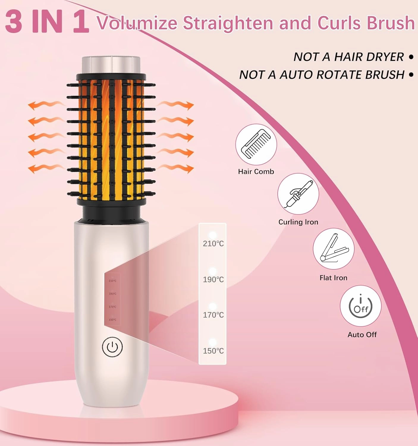 Cordless Hair Curling Iron Brush, Travel Hot Straightener Comb Curl Brush, 3-in-1 Portable Curling Iron Cordless Wand, USB Rechargeable Curling Wand-Blush(Gold)