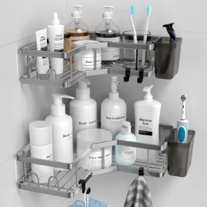 Corner Shower Caddy Bathroom Organizer: 2 Pack Adhesive Shelf Decor- No Drilling Stainless Steel Storage Rack with Hooks and Toothpaste Holder - Accessories Stuff, silver