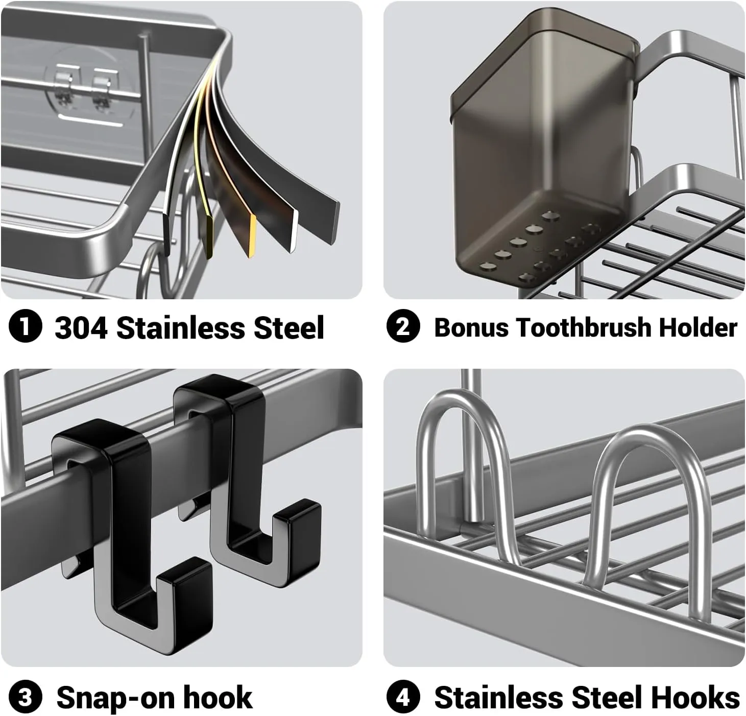 Corner Shower Caddy Bathroom Organizer: 2 Pack Adhesive Shelf Decor- No Drilling Stainless Steel Storage Rack with Hooks and Toothpaste Holder - Accessories Stuff, silver