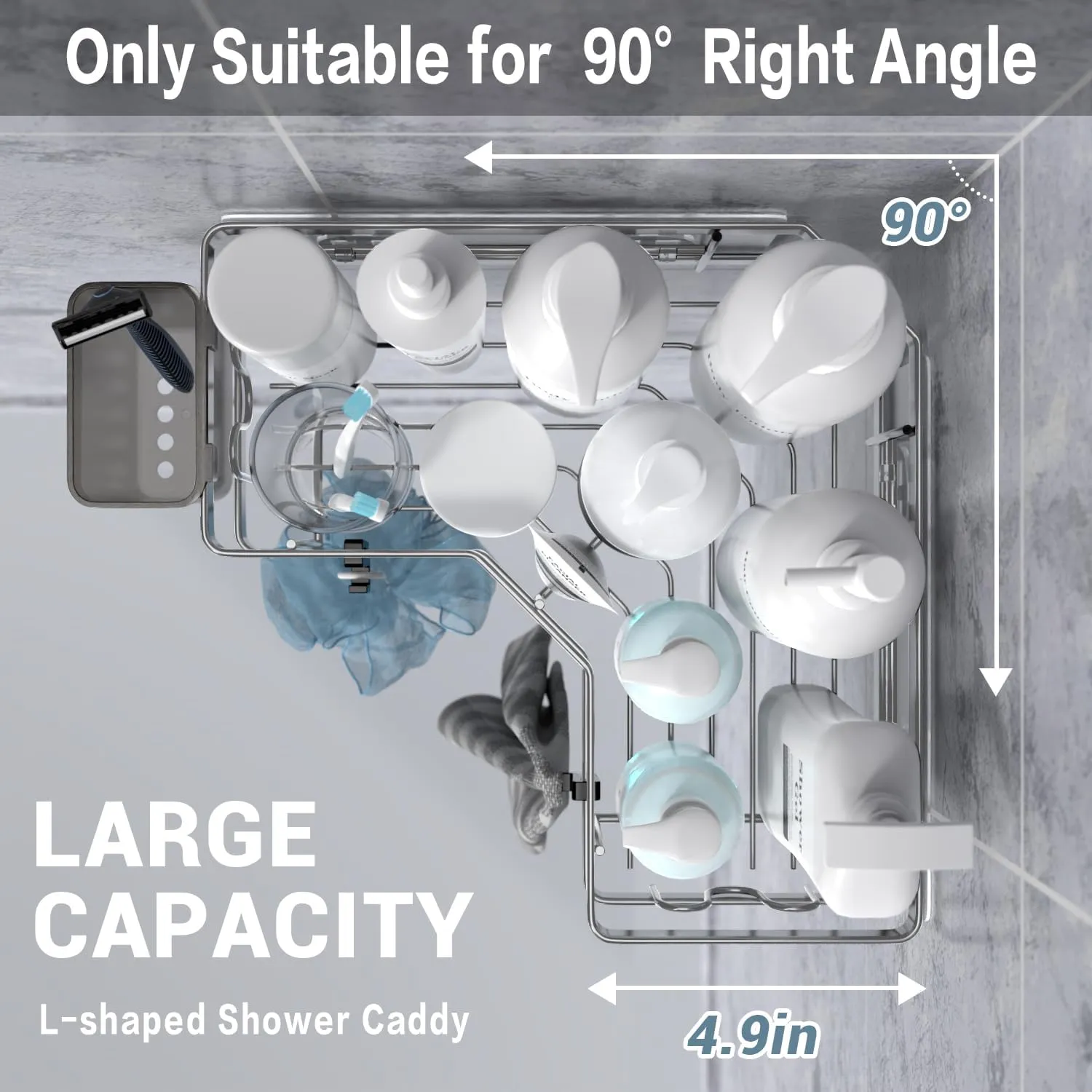 Corner Shower Caddy Bathroom Organizer: 2 Pack Adhesive Shelf Decor- No Drilling Stainless Steel Storage Rack with Hooks and Toothpaste Holder - Accessories Stuff, silver