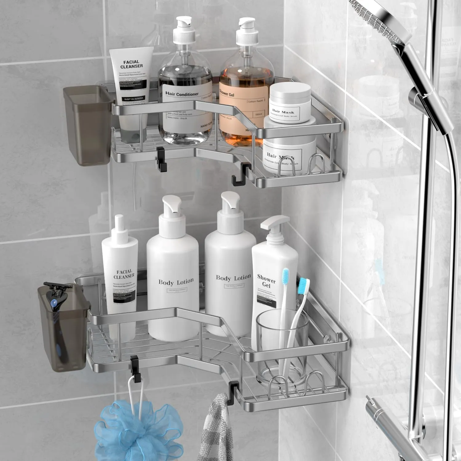 Corner Shower Caddy Bathroom Organizer: 2 Pack Adhesive Shelf Decor- No Drilling Stainless Steel Storage Rack with Hooks and Toothpaste Holder - Accessories Stuff, silver