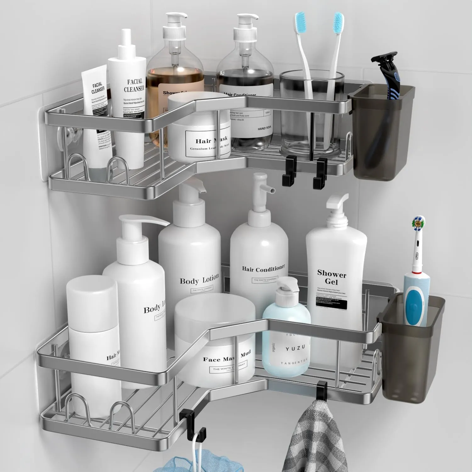 Corner Shower Caddy Bathroom Organizer: 2 Pack Adhesive Shelf Decor- No Drilling Stainless Steel Storage Rack with Hooks and Toothpaste Holder - Accessories Stuff, silver
