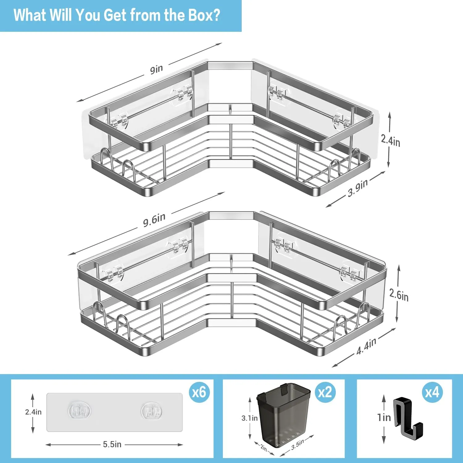 Corner Shower Caddy Bathroom Organizer: 2 Pack Adhesive Shelf Decor- No Drilling Stainless Steel Storage Rack with Hooks and Toothpaste Holder - Accessories Stuff, silver