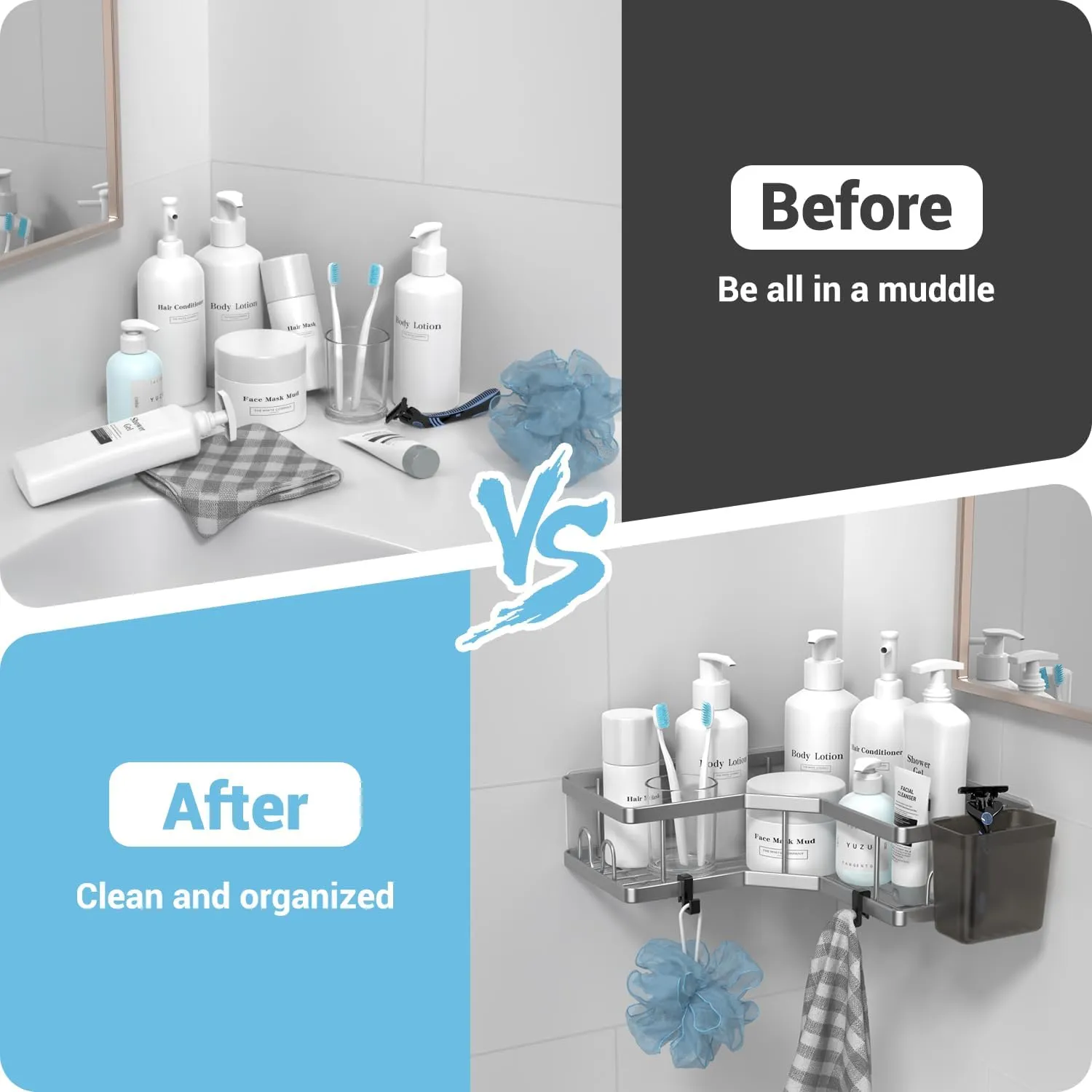 Corner Shower Caddy Bathroom Organizer: 2 Pack Adhesive Shelf Decor- No Drilling Stainless Steel Storage Rack with Hooks and Toothpaste Holder - Accessories Stuff, silver