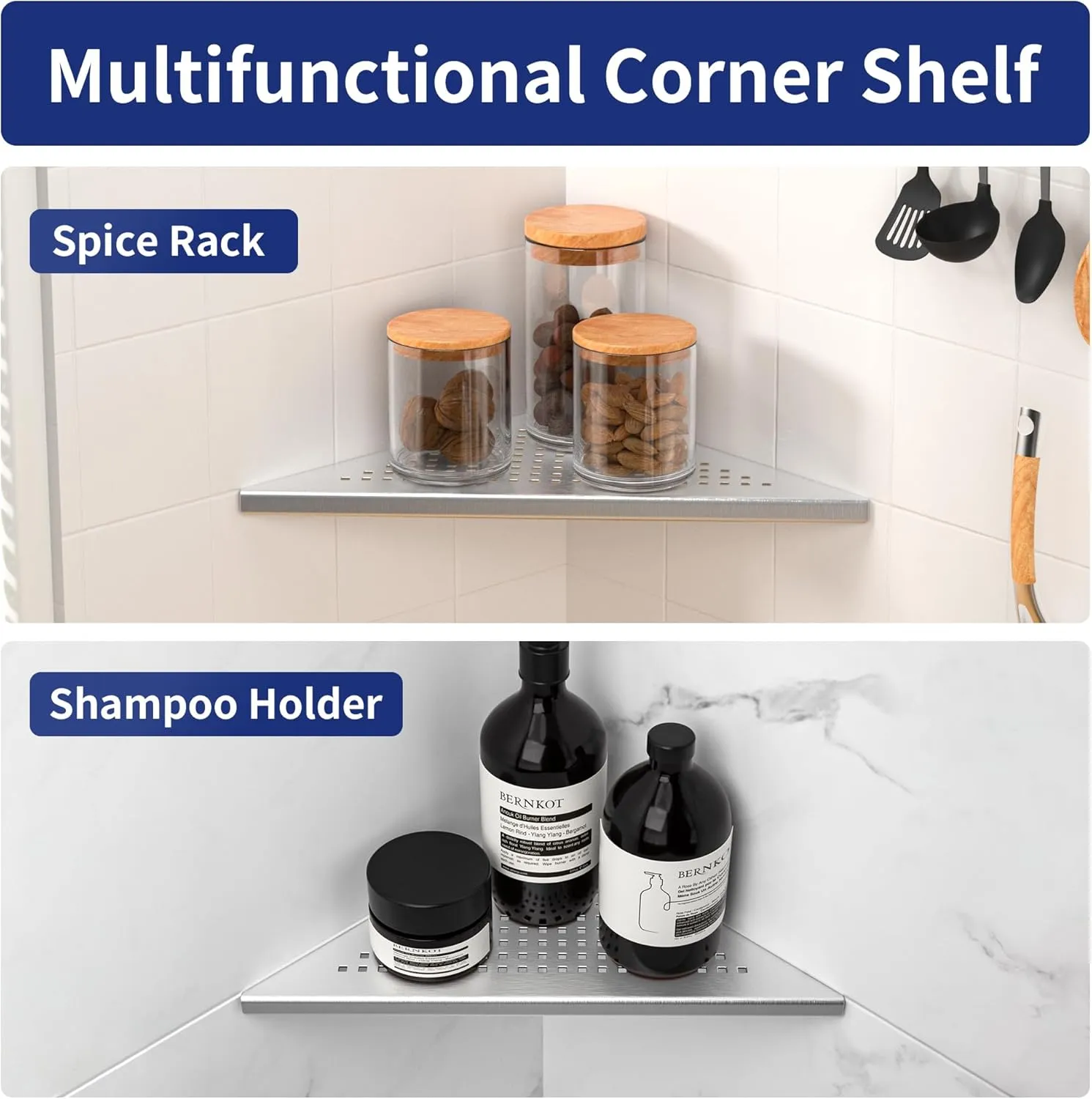 Corner Shower Shelves, 10" Brushed 304 Stainless Steel Recessed Shelf for Bathroom, Grout in Shelf for Tiled Wall, 2 Pack, No Drilling Needed