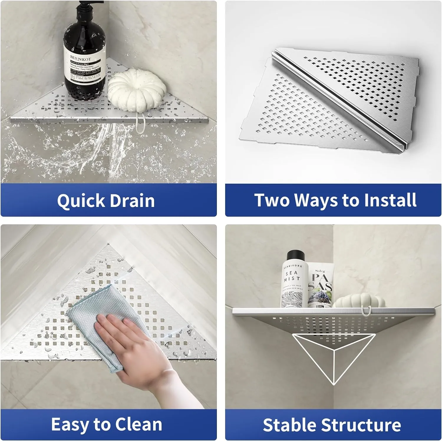 Corner Shower Shelves, 10" Brushed 304 Stainless Steel Recessed Shelf for Bathroom, Grout in Shelf for Tiled Wall, 2 Pack, No Drilling Needed