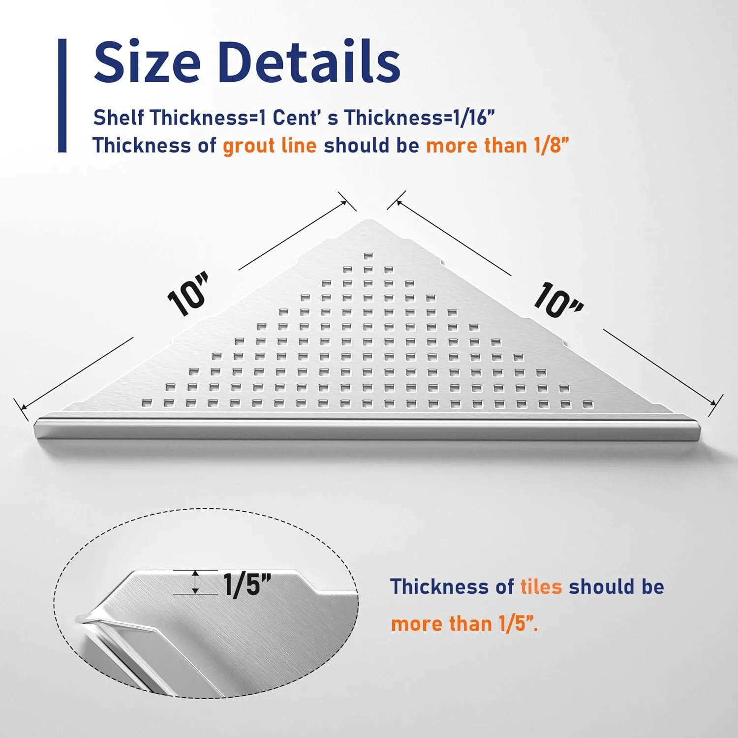 Corner Shower Shelves, 10" Brushed 304 Stainless Steel Recessed Shelf for Bathroom, Grout in Shelf for Tiled Wall, 2 Pack, No Drilling Needed